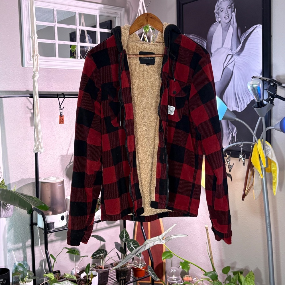 Aeropostale Mens Buffalo Plaid Sherpa Lined Fleece Zip Up Hoodie Jacket Red L